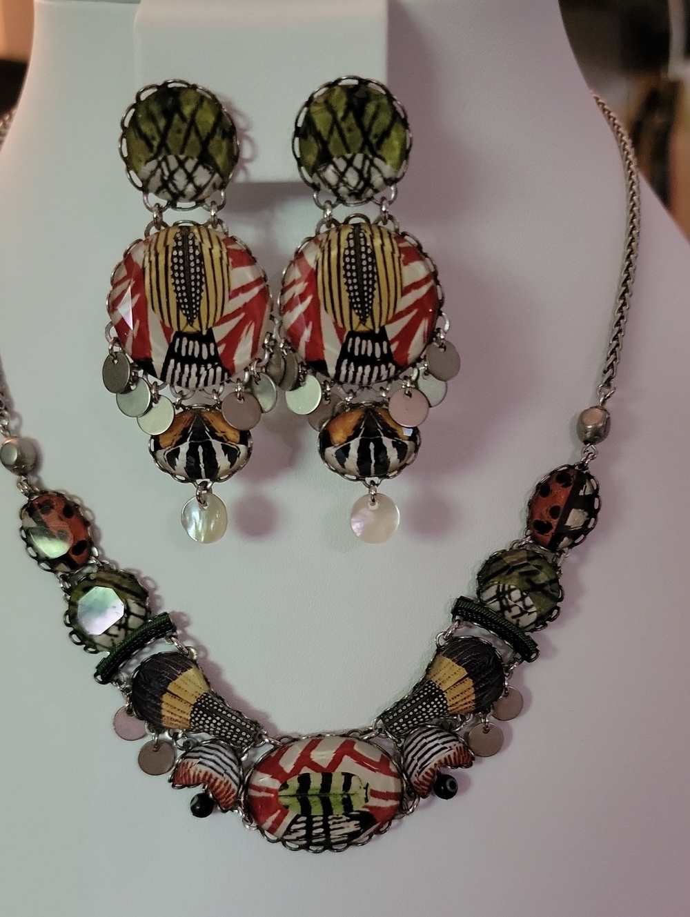 Ayala Bar Colorful Fabric  Under Glass Necklace And Earrings, Red, Gold, Green